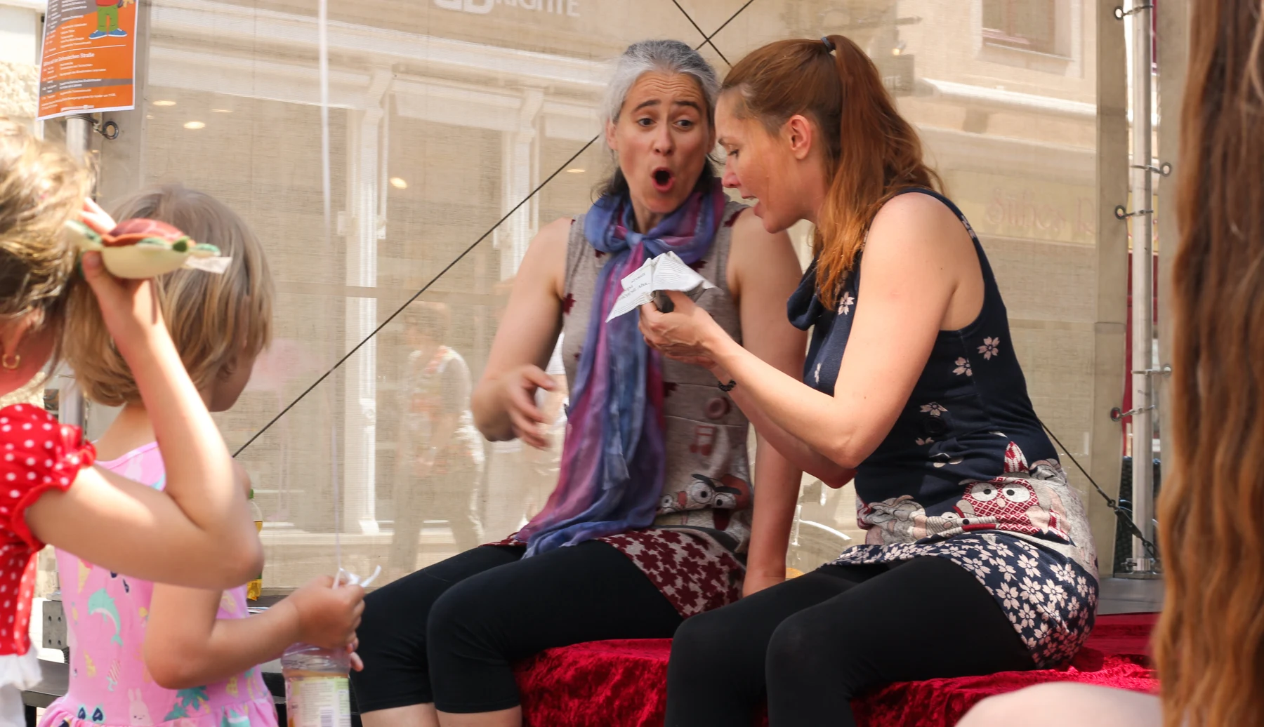 Jana and Jule telling the story of Honza at a live outdoor performance