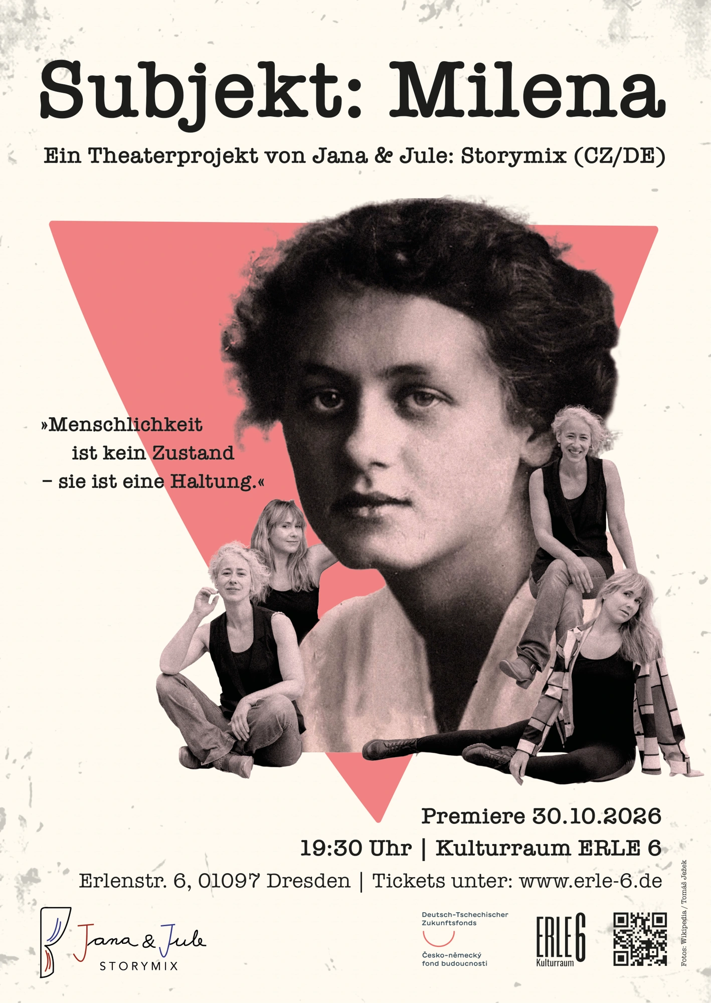 Complete Subjekt: Milena poster with the portrait of Milena Jesenská and the Dresden premiere information
